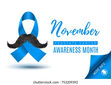 Vector Stock Template, Prostate Cancer Blue Awareness Ribbon with Mustache. November month of struggle against prostate cancer. 