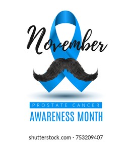 Vector Stock Template, Prostate Cancer Blue Awareness Ribbon with Mustache. November month of struggle against prostate cancer. 