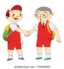 Vector stock of two Indonesian elementary school students shaking hands. Children illustration