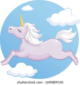 unicornio vectorial en las nubes. Ilustración infantil de un personaje fantástico.