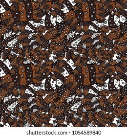 Vector - stock. Watercolor, hand drawn. Doodles on brown, black and white colors. Seamless background pattern.