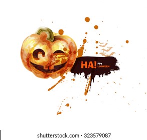 Vector stock watercolor illustration pumpkin with grunge blots, brush strokes and spray  Halloween, drawn by hand for printed materials, signs, elements, web sites, cards, greetings, party