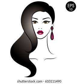 Vector Stock Woman with black hair. Beauty Girl Portrait with classic Hairstyle and Earrings