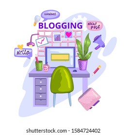 Vector stock blogger’s working place concept. Illustration of a cozy home office with table, chair, computer, microphone, plant and cup of coffee. Speech bubbles around the table. Isolated on white.