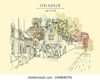 Vector Stockholm postcard. Street in Stockholm, Sweden, Scandinavia, Europe. House on the rock, car parking. Retro style artistic Swedish travel sketch. Vintage touristic postcard, poster illustration