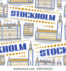 Vector Stockholm Seamless Pattern, repeating background with illustration of famous medieval stockholm city scape on white background, decorative line art urban historical poster with text stockholm