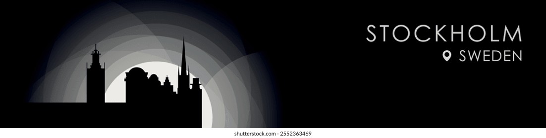 Vector Stockholm, Sweden cityscape banner. Black and white placard profile picture for header, footer