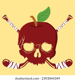 Vector stok skull apple with hockey stick illustration logo