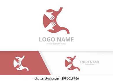 Vector stomach and embrace logo combination. Gastrointestinal tract and hands logotype design template.