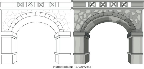 Comparação de arco de pedra vetorial mostrando a estrutura contornada ao lado da versão arquitetônica totalmente sombreada e colorida