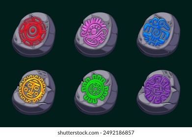 Piedra de Vector con símbolos aztecas de colores, jeroglíficos del calendario maya. Símbolos para tus juegos 2D o tragamonedas