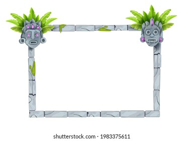 Vector stone frame, jungle old rock border, cartoon game UI design element, tiki mask, exotic leaves. Ancient Aztec cracked ruin illustration isolated on white, maya totem face. Stone frame, moss