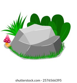 vector stone with plants, natural vector illustration of stones and bushes, plant and stone cartoon style