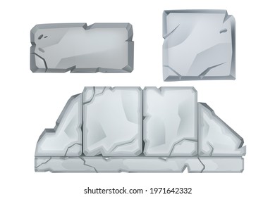 Vector stone sign board, cartoon game rock blocks illustration isolated on white, cracked grey boulders. Granite ui design panels, broken ancient ruin wall interface object. Stone sign surface clipart