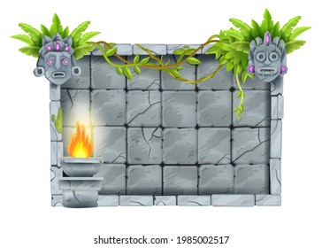 Vector stone sign board, cartoon game rock jungle background, tiki mask, maya warrior face, tile, vine. UI ancient cracked boulder panel design element, liana, fire. Stone sign frame, Aztec tribal art