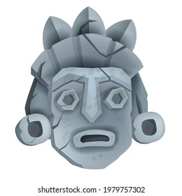 Ilustración de máscara de tiki de piedra vectorial aislada en blanco, caricatura de la cara del tótem maya, arte de civilización primitiva. expresión de miedo de guerrero antiguo, icono de la cultura étnica nativa. Estatua del objeto de máscara tribal tiki