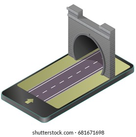 Vector stone tunnel with asphalt road in mobile phone, isometric perspective. Old stone gray circular tunnel in communication technology, paraphrase. Isolated illustration on white background