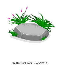 vector stones and grass, natural vector illustration of stones and bushes with flowers, cartoon style stones and grass