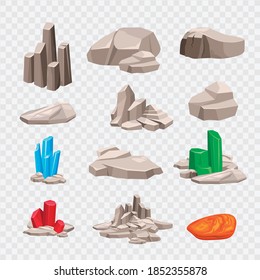 Vector stones on isolated background. Abstraction from mountain stones. Illustration of granite and crystal.