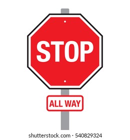 A vector stop all way sign on a pole over a plain white background.