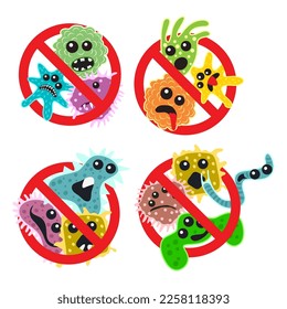 vector stop bacteria icons isolated on white background. stop virus warning sign. no microbes antibacterial symbol. protection from epidemic spreading of microorganism, virus or germs cartoon