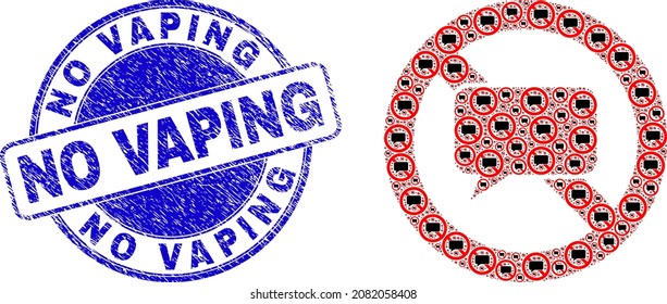 Vector stop chat icon composition is done from random self stop chat elements. No Vaping textured blue round seal print. Recursive composition from stop chat icon.