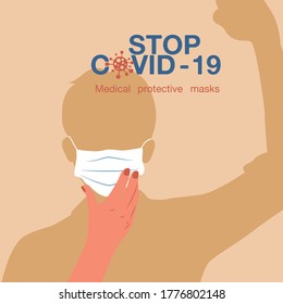 Vector - Stop coronavirus concept. A man in a medical mask suit on face and protective gloves stops the virus