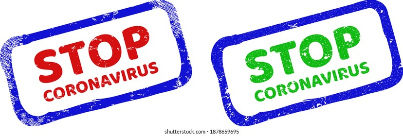 Vector STOP CORONAVIRUS eingerahmte Wasserzeichen mit Grunge Oberfläche. Stempelmarken mit rauem bicolorem Rechteck. Rot, Blau, Grün.