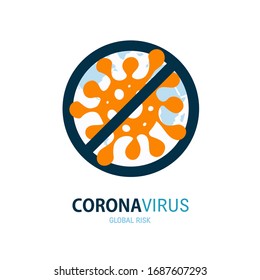Signo del coronavirus de parada del vector. Peligro del coronavirus y enfermedad de riesgo para la salud pública. Concepto médico pandémico con células peligrosas y mapa.Ilustración vectorial