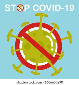 Vector de los signos covid-19 de parada, icono para el símbolo del coronavirus de parada, bacterias dentro de la ilustración del círculo aislado en fondo blanco.