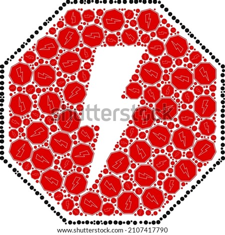 Vector stop electricity octagon icon collage. Stop electricity octagon mosaic is formed of randomized self stop electricity octagon pictograms. Recursion collage of stop electricity octagon icon.