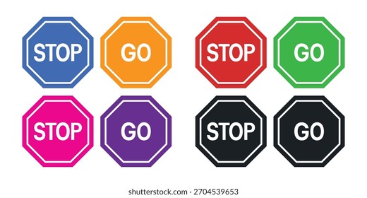 Vektor Stopp and Go Achteck Zeichen Symbolsatz. Steuerungs-, Entscheidungs-, Verkehrs- und Aktionssymbole für den Unternehmens- und Benutzeroberflächenentwurf.