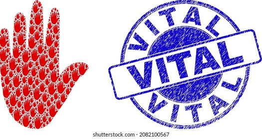 Vector stop hand icon mosaic is organized of scattered recursive stop hand elements. Vital corroded blue round stamp seal. Recursive collage of stop hand icon.