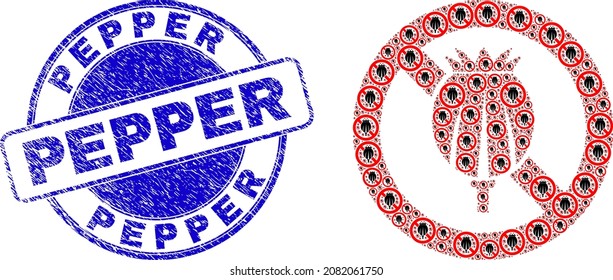 Die Kollektion der Mohnophiebilder Vector Stopp Opium wird aus randomisierten rekursiven Stopp-Opiummohn-Icons erstellt. Pfeffer strukturierte blaue Runddichtung Druck. Erholungscollage aus Stopp Opiummohn Symbol.