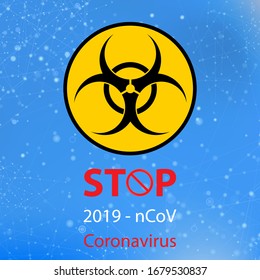 Vektorillustration Beenden Sie das Pandemic-Novel-Coronavirus-Zeichen und das Biorisk-Logo auf blauem Hintergrund.
