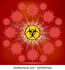 Vector Stop Pandemic Novel Coronavirus Sign and Biohazard Logo on Red Background. COVID-19.