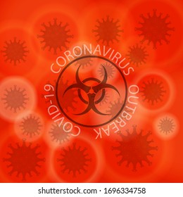 Signo de coronavirus de novela de parada de vectores y logotipo de Biopeligroso en fondo rojo. COVID-19.