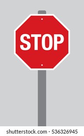 A Vector Stop Sign On A Pole Over A Plain Grey Background.