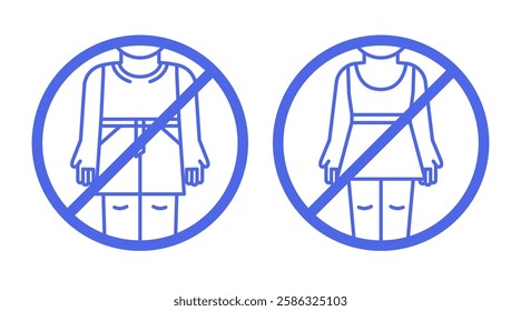 Vector stop signs. Linear icons representing a dress code restriction, prohibiting the wearing of specific clothing items in a particular location or setting. Editable stroke