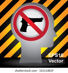 Vector : Stop Violence Or No Gun Prohibited Sign Present By Head With No Gun Sign Inside in Caution Zone Dark and Yellow Background