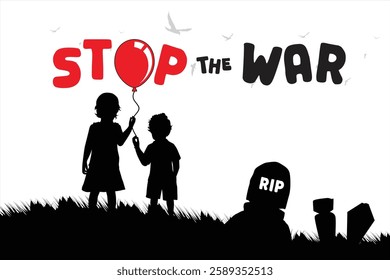 Vector stop war. Silhouettes of children holding signs that say stop the war. Peace campaign to maintain security from war