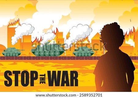 Vector stop war. Silhouettes of children holding signs that say stop the war. Peace campaign to maintain security from war