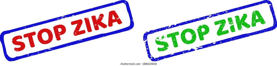 Vector STOP ZIKA eingerahmte Wasserzeichen mit gerundetem Stil. Stempelmarken mit rauem bicolorem Rechteck. Rot, Blau, Grün. Flache strukturierte Briefmarken mit STOP ZIKA-Bildunterschrift im rauen Rechteck.