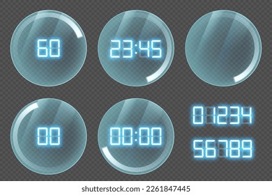 Vector stopwatch or clock with neon glowing numbers. Template isolated on transparent background.