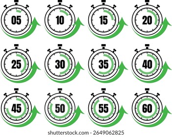 Vector stopwatch icon with 5-60 minutes duration and progressive green arrow. Ideal for infographics, apps, presentations and UI elements that require dynamic time visuals.