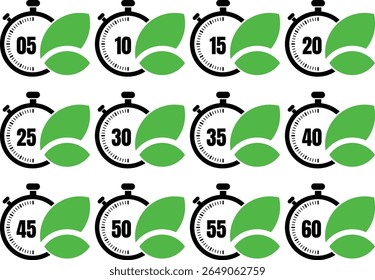 Ícone de cronômetro de vetor que combina folhas verdes e tempo de 5-60 minutos. Adequado para temas ambientais, de saúde e de energias renováveis.