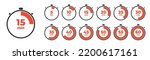 Vector stopwatch icons set 10, 15, 20, 30, 40, 45, 50, 55, 60 minutes. Stopwatch icon in flat style,