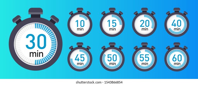 Vector stopwatch icons set 10, 15, 20, 30, 40, 45, 50, 55, 60 minutes. Stopwatch icon in flat style, timer on a colored background