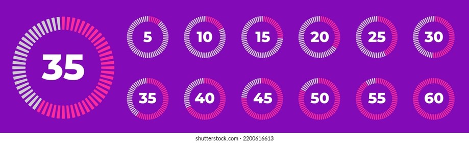 Vector stopwatch icons set 10, 15, 20, 30, 40, 45, 50, 55, 60 minutes. Stopwatch icon in flat style