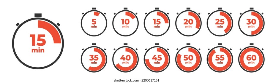 Iconos de cronómetro vectorial 10, 15, 20, 30, 40, 45, 50, 55, 60 minutos. Icono de Stopwatch en estilo plano,